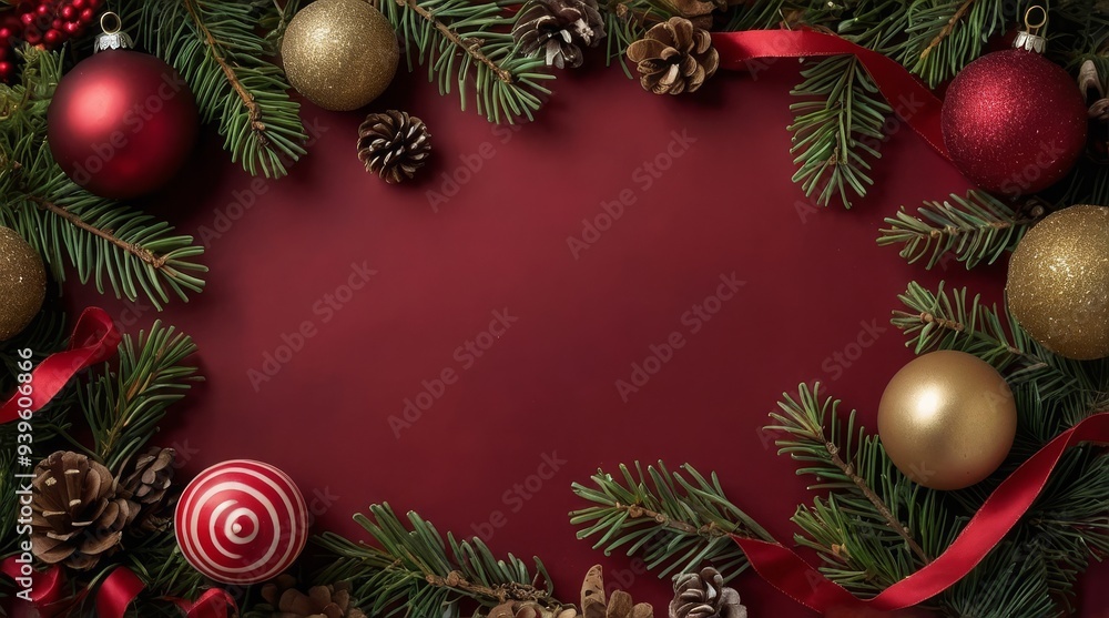 Elegant Christmas Frame with Pine Branches, Red and Gold Ornaments, Ribbons, and Pinecones Elegant Christmas Frame with Pine Branches, Red and Gold Ornaments, Ribbons, and Pinecones