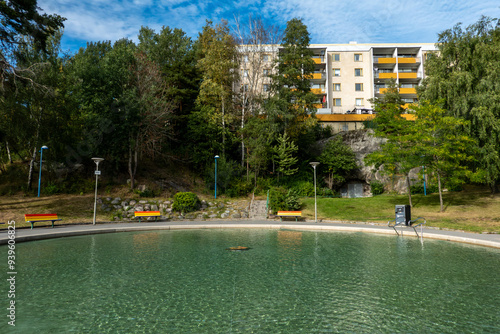 Stockholm, Sweden  A children's wading pool  in the Rinkeby suburb and residential buildings. photo