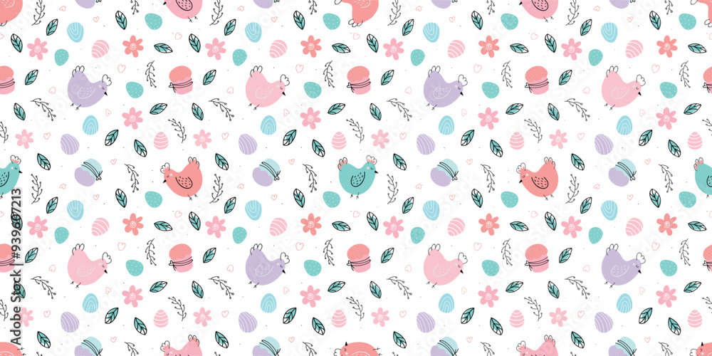 Obraz premium Easter seamless pattern. Chicken , Easter eggs, willow background