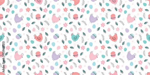 Easter seamless pattern. Chicken , Easter eggs, willow background