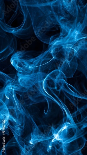 Blue Smoke on Black Background, Abstract Image, Texture, Pattern, Wallpaper, Cover and Screen of Smartphone, Cell Phone, Computer, Laptop, 9:16 and 16:9 Format