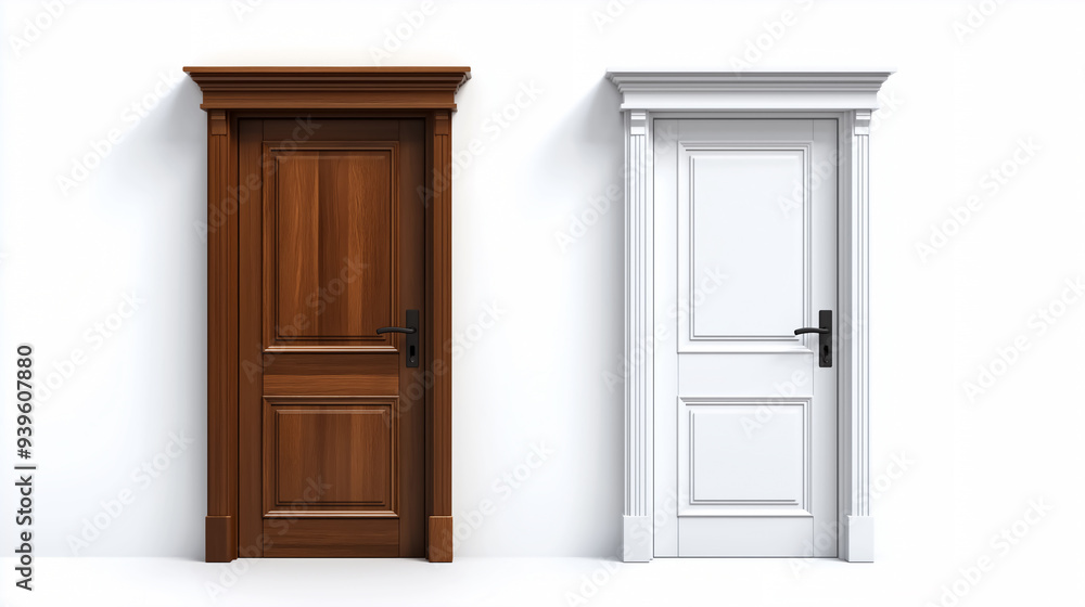 Realistic 3D Wooden Home Entry Front Doors | White and Brown Office Entry Doors Vector Set for Graphics Ads, Posters, and Banners Realistic 3D Wooden Home Entry Front Doors | White and Brown Office Entry Doors Vector Set for Graphics Ads, Posters, and Banners
