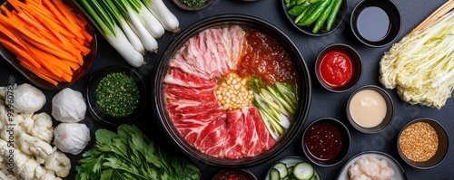 A vibrant spread of fresh ingredients for hot pot, including vegetables, meats, and sauces, perfect for a delicious meal.