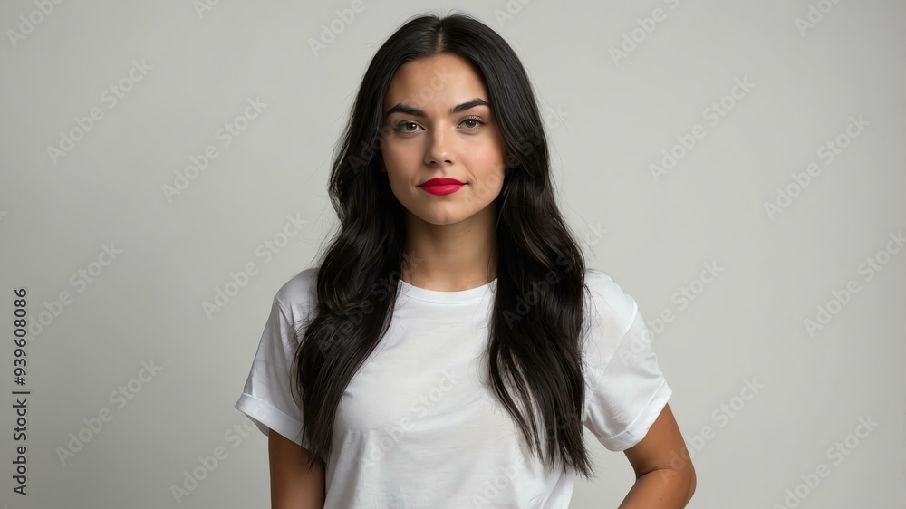 Fototapeta premium teen stunning black hair white woman with red shirt model portrait standing straight on a plain white background for ad concept space for text