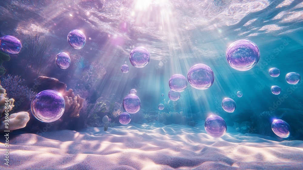 Purple and teal bubbles float in a serene underwater scene, illuminated by soft sunlight. Purple and teal bubbles float in a serene underwater scene, illuminated by soft sunlight.
