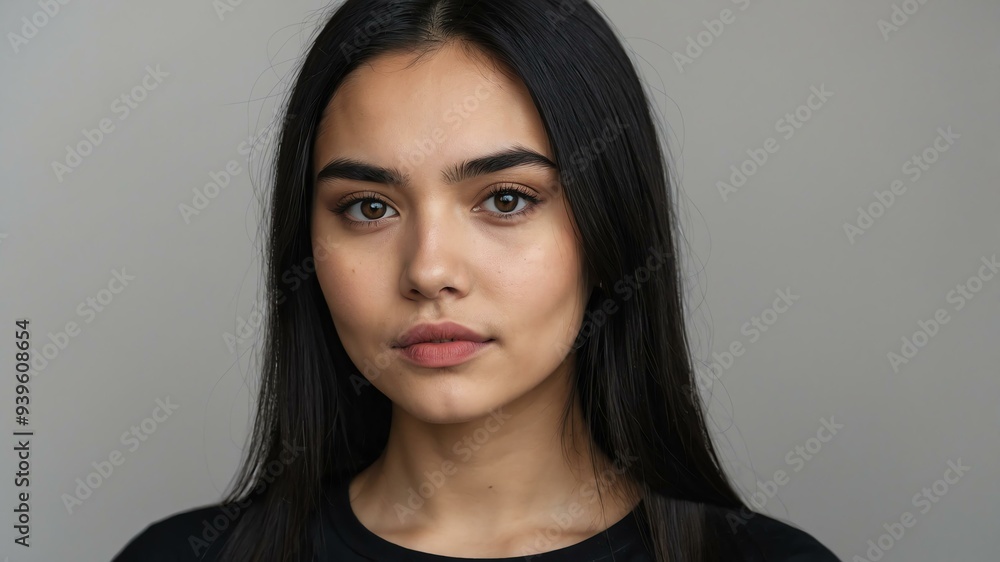 Fototapeta premium teen stunning black hair finnougric woman generic shirt model portrait standing straight on a plain white background for ad concept space for text