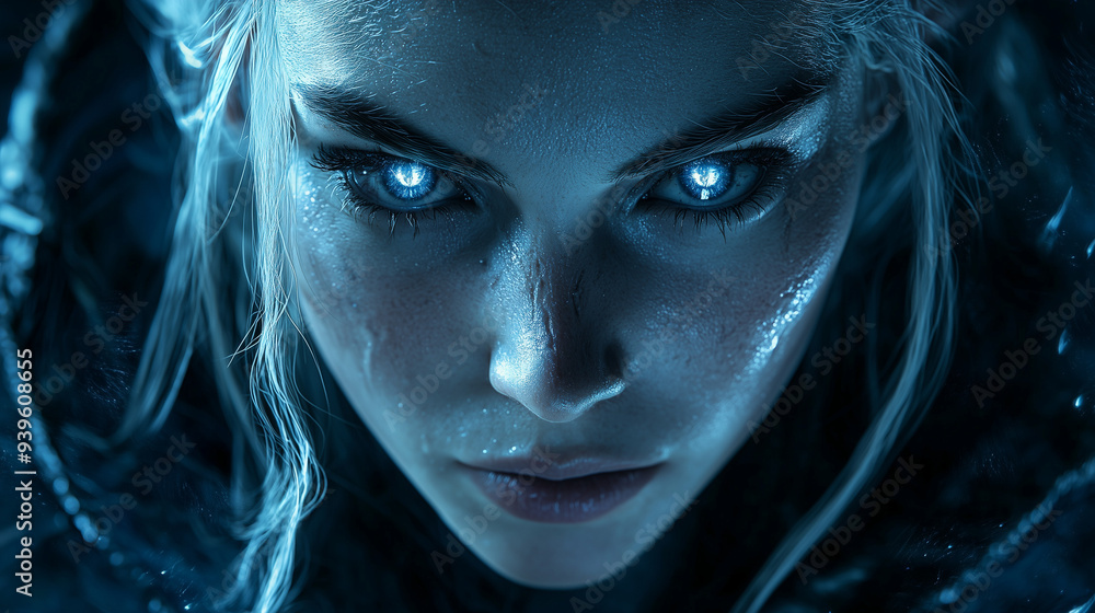 fierce human warrior with piercing glowing blue eyes in close-up view showing intense determination and sweat glistening on her skin in dark surroundings fierce human warrior with piercing glowing blue eyes in close-up view showing intense determination and sweat glistening on her skin in dark surroundings