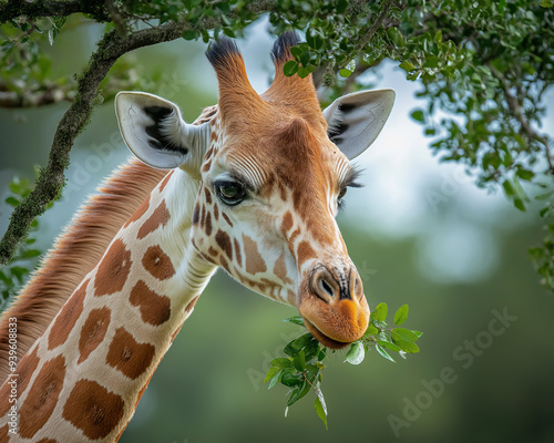 21. High-resolution portrait of a graceful giraffe reaching for leaves