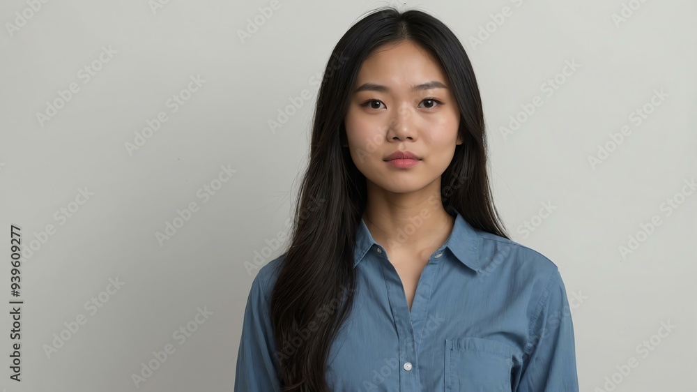 Fototapeta premium teen stunning black hair east asian woman generic shirt model portrait standing straight on a plain white background for ad concept space for text