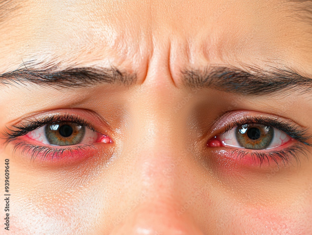 Fototapeta premium Swollen eyes with allergic reaction, red irritated skin, 3D illustration