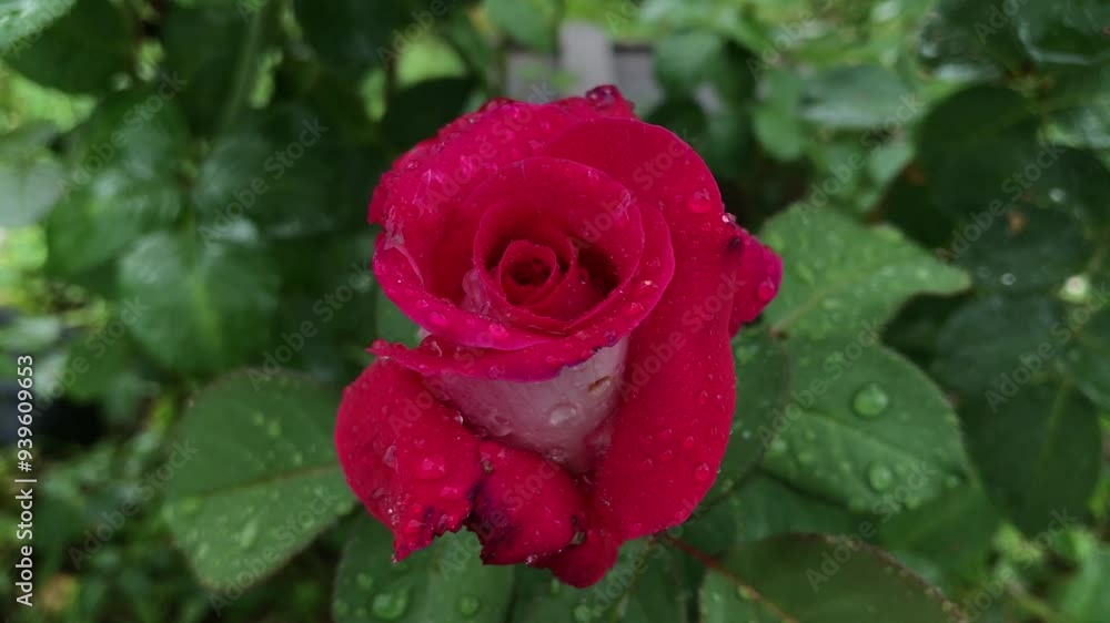 Close-Up of a Vibrant Red Rose with Dew-Covered Petals Glistening in the Morning Light Amidst Fresh Green Foliage. Serene and Detailed Nature Video Perfect for Tranquil, Romantic, or Meditation Close-Up of a Vibrant Red Rose with Dew-Covered Petals Glistening in the Morning Light Amidst Fresh Green Foliage. Serene and Detailed Nature Video Perfect for Tranquil, Romantic, or Meditation