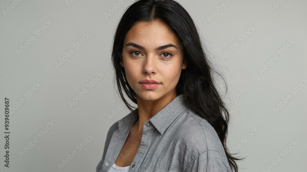 Obraz premium teen stunning black hair caucasian woman generic shirt model portrait standing straight on a plain white background for ad concept space for text