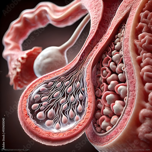 cross-sectional female ovary during ovulation phase menstrual cycle. follicle releasing an egg (oocyte) into the fallopian tube. structure of the ovary, egg towards tube. photo