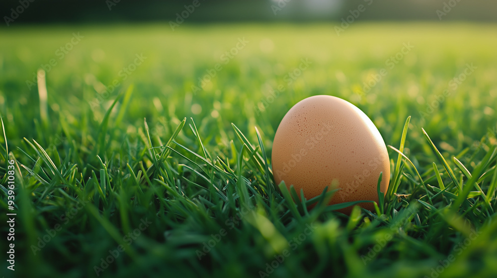 Brązowe jajo znajduje się samotnie wśród zielonych źdźbeł trawy na spokojnym polu, tworząc obraz odnowy i piękna natury w prostym, spokojnym otoczeniu.