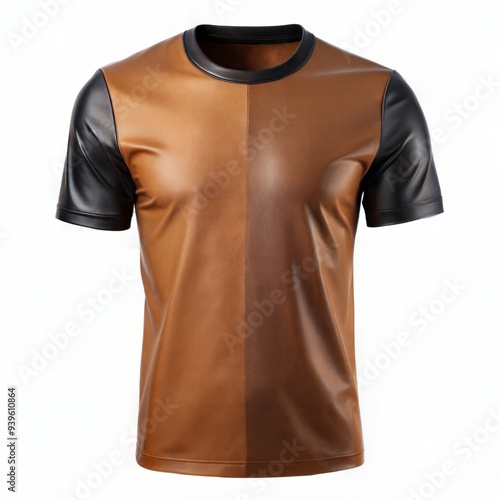 Unique short-sleeve shirt design featuring leather-like brown and black materials on a plain background. Generative AI