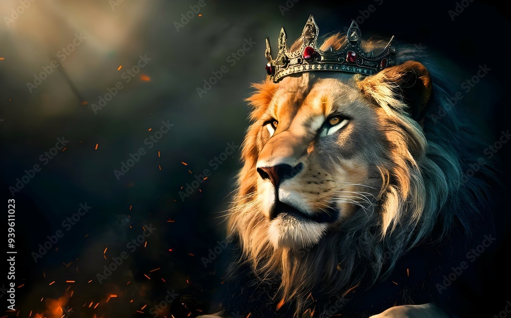 Fototapeta premium Majestic Lion King with Crown - Christian Concept Art, Royalty & Faith Representation.