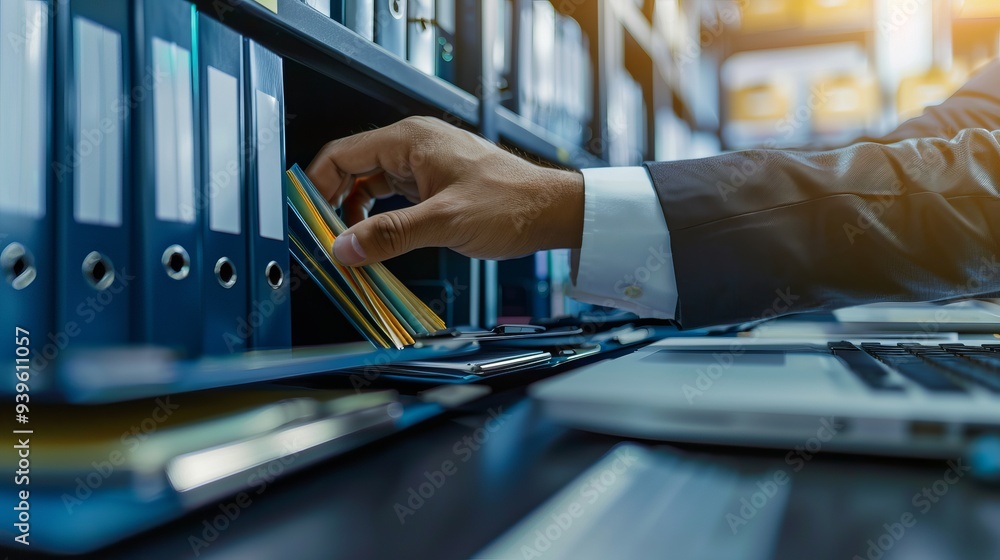 Businessman working on computer with digital file management software, online documentation database, and record-keeping system - modern technology concept for digital file storage and access Businessman working on computer with digital file management software, online documentation database, and record-keeping system - modern technology concept for digital file storage and access