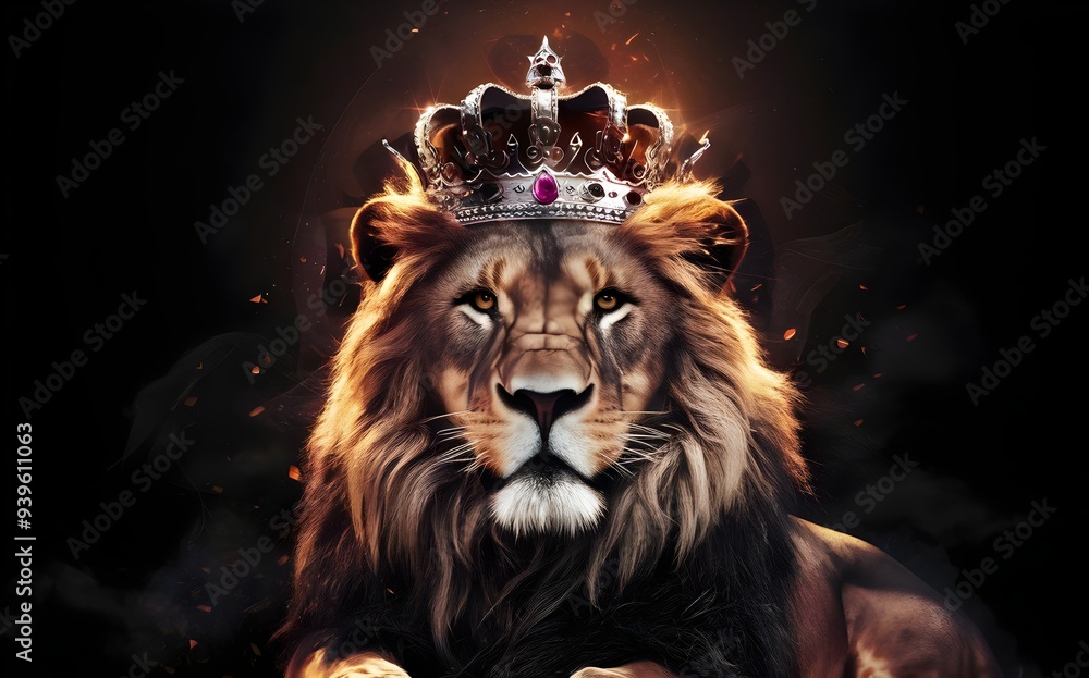 Fototapeta premium Majestic Lion King with Crown - Christian Concept Art, Royalty & Faith Representation.