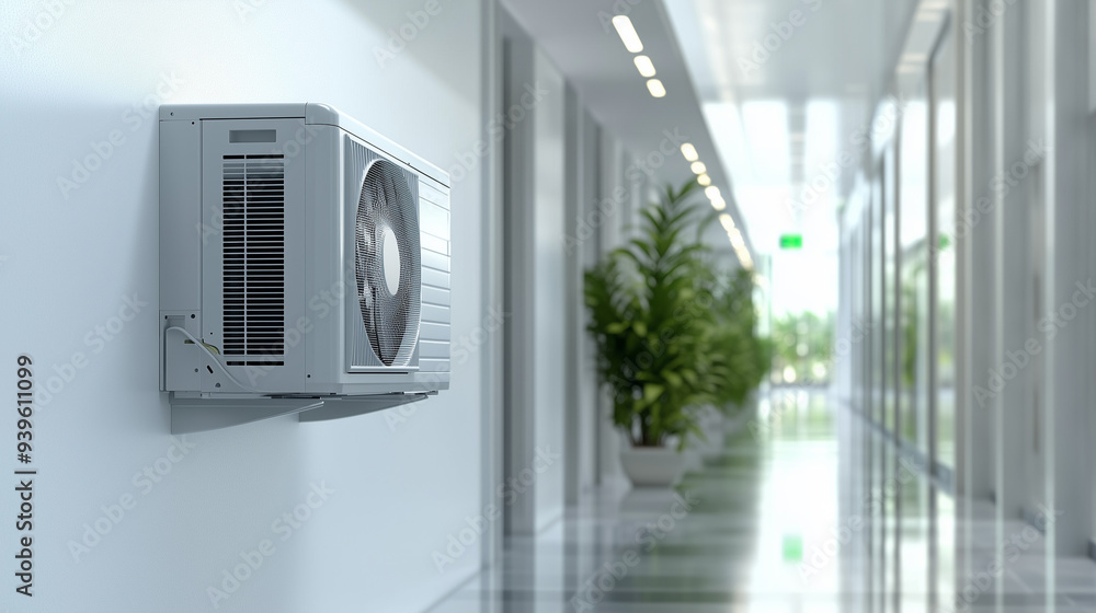 Klimatyzator na ścianie w nowoczesnym korytarzu z dobrze oświetlonym wnętrzem, z lustrzaną podłogą, znakiem ewakuacyjnym i zieloną rośliną w tle. Klimatyzator na ścianie w nowoczesnym korytarzu z dobrze oświetlonym wnętrzem, z lustrzaną podłogą, znakiem ewakuacyjnym i zieloną rośliną w tle.