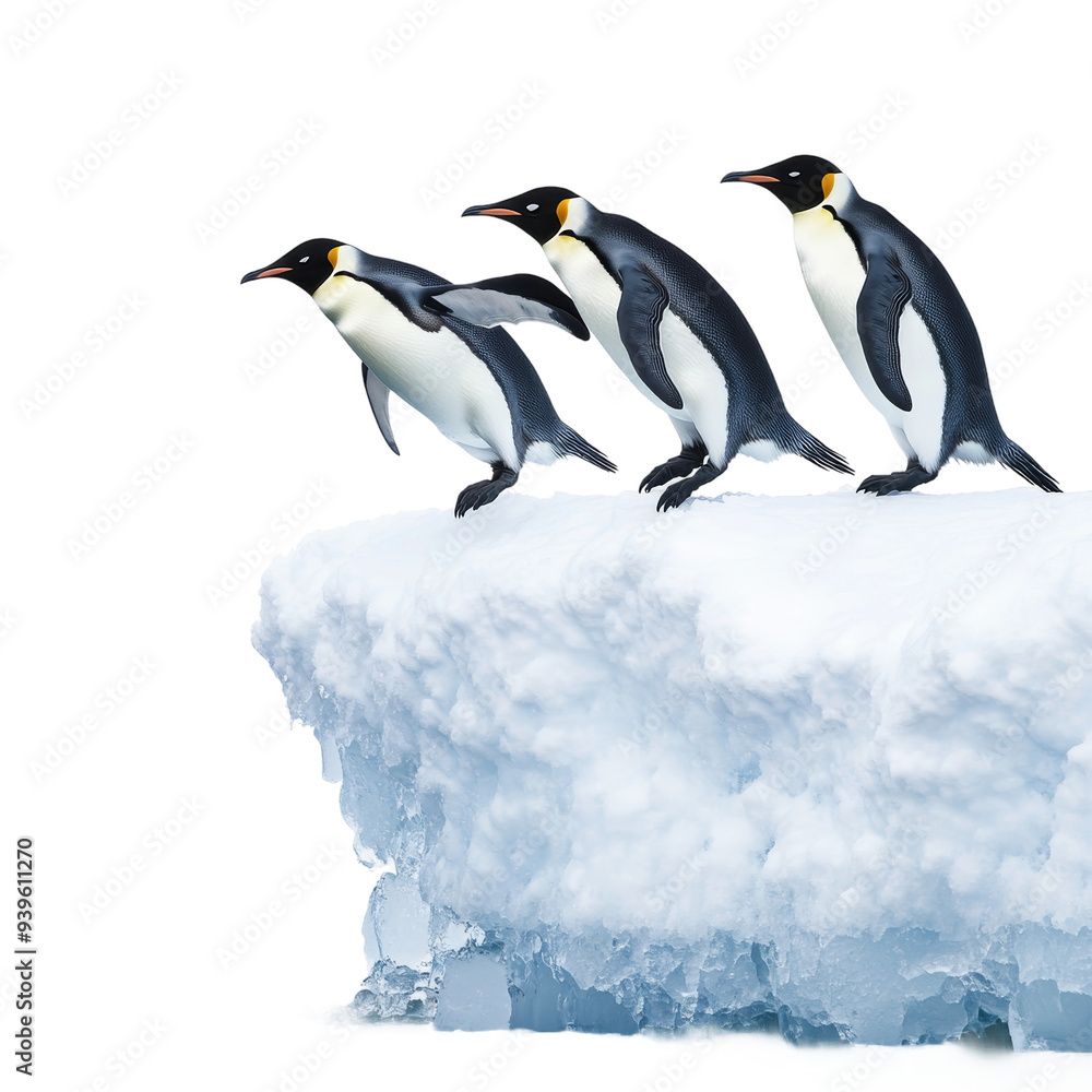Obraz premium Three penguins are poised on the edge of an ice ledge, ready to leap into the frigid water below on a clear day in a pristine, polar setting. Transparent background PNG