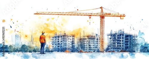 Watercolor illustration of a construction site with a crane, clipart, engineer overseeing the project, isolate on white background