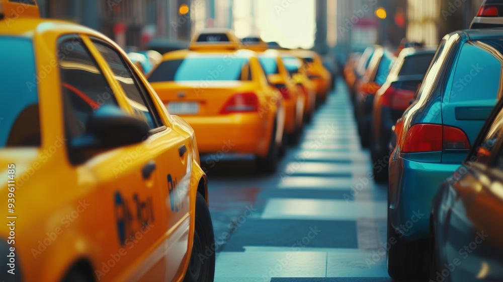 Taxi in city traffic. International Taxi Driver Day. Taxi in city traffic. International Taxi Driver Day.