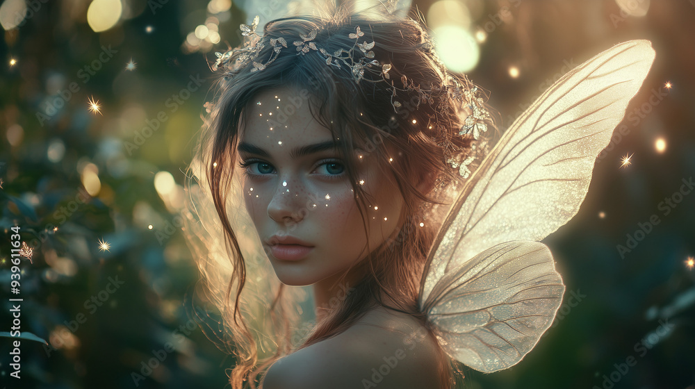 Fototapeta premium Zjawiskowy portret mistycznej wróżki z wyszukanymi detalami i błyszczącymi skrzydłami, na tle spokojnego lasu, wzbogacony czarującym efektem świetlnych bokeh.