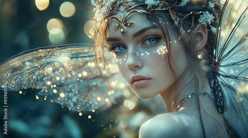 Fototapeta premium Zjawiskowy portret mistycznej wróżki z wyszukanymi detalami i błyszczącymi skrzydłami, na tle spokojnego lasu, wzbogacony czarującym efektem świetlnych bokeh.