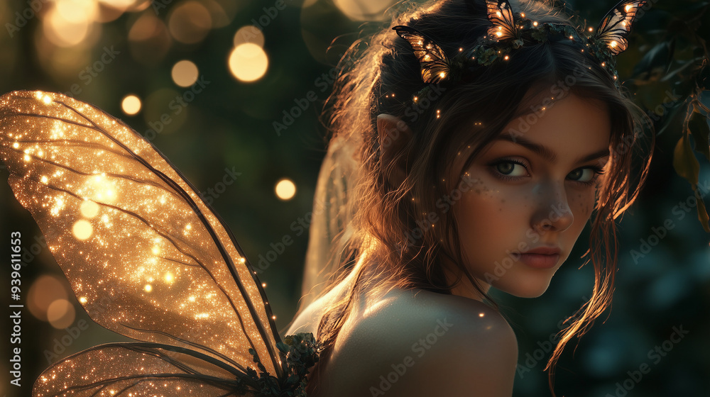Naklejka premium Zjawiskowy portret mistycznej wróżki z wyszukanymi detalami i błyszczącymi skrzydłami, na tle spokojnego lasu, wzbogacony czarującym efektem świetlnych bokeh.