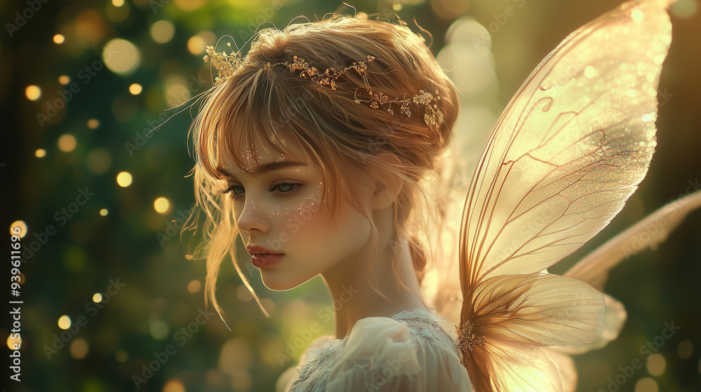 Fototapeta premium Zjawiskowy portret mistycznej wróżki z wyszukanymi detalami i błyszczącymi skrzydłami, na tle spokojnego lasu, wzbogacony czarującym efektem świetlnych bokeh.