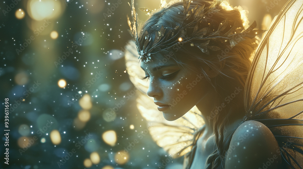 Fototapeta premium Zjawiskowy portret mistycznej wróżki z wyszukanymi detalami i błyszczącymi skrzydłami, na tle spokojnego lasu, wzbogacony czarującym efektem świetlnych bokeh.