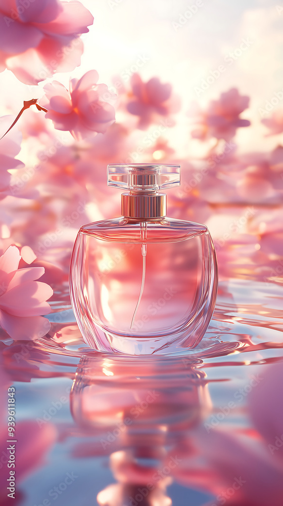 luxury perfume bottle floating on soft water surrounded by pastel pink flowers and bathed in delicate radiant light floral feminine essence luxury perfume bottle floating on soft water surrounded by pastel pink flowers and bathed in delicate radiant light floral feminine essence