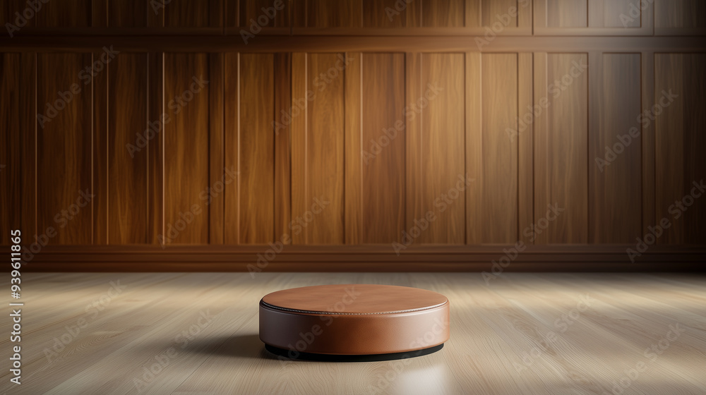 Mockup leather podium for product presentation with rich wood paneling and warm lighting Mockup leather podium for product presentation with rich wood paneling and warm lighting