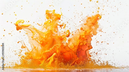 An energetic and vibrant image of orange paint caught in a dynamic splash, set against a crisp white backdrop. photo