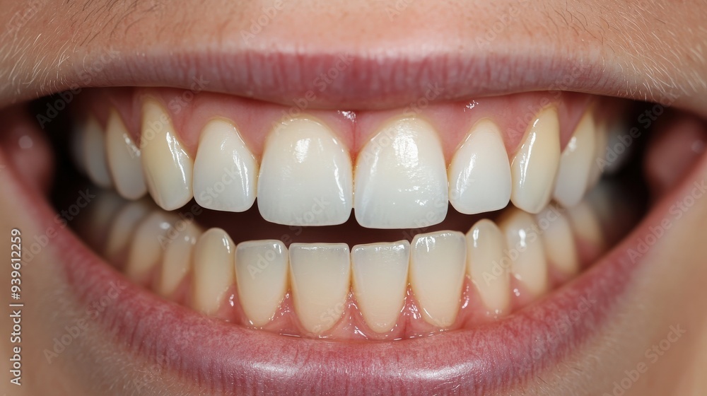 Fototapeta premium The close-up showcases a vibrant smile, revealing pristine white teeth and healthy gums. A joyful expression radiates warmth and happiness, inviting positivity