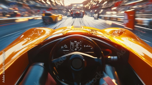 Race car cockpit view, driver navigating a challenging course, 3D illustration