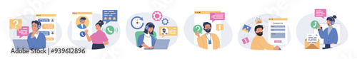 Contact us concept set in flat design for web. Collection with people answering calls, chatting with clients, gives info and advices, supporting and solving customer problems. Vector illustration.