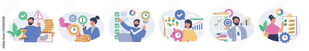 Time management concept set in flat design for web. Collection with people managing daily schedule with calendar, planning tasks in checklists, making work efficiency to deadline. Vector illustration. Time management concept set in flat design for web. Collection with people managing daily schedule with calendar, planning tasks in checklists, making work efficiency to deadline. Vector illustration.