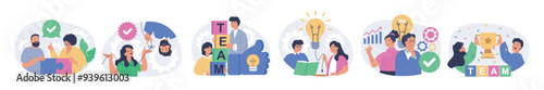 Teamwork concept set in flat design for web. Collection with people working together, solving project puzzles, supporting colleagues, brainstorming and developing new ideas. Vector illustration.