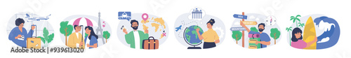 Travel concept set in flat design for web. Collection with people go in vacation with luggage, travelling in couple in romantic journey, booking tickets, planning global trip. Vector illustration.