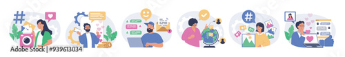 Social network concept set in flat design for web. Collection with people posting photos with hashtags, making live streams, chatting online with friend, interacting with content. Vector illustration.