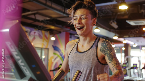 trans woman running on the treadmill in the gym photo