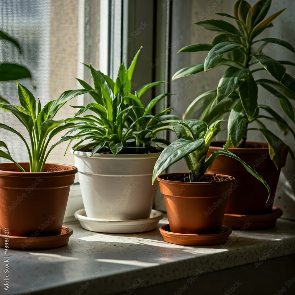 Fototapeta premium A sunny windowsill filled with potted plants.