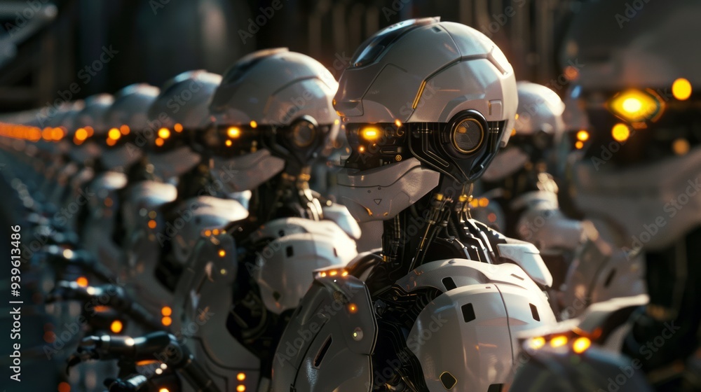 Futuristic cinematic ai robot workforce in a high-tech environment - digital illustration of advanced robotics operating in a modern industrial setting, perfect for technology, automation, and artific Futuristic cinematic ai robot workforce in a high-tech environment - digital illustration of advanced robotics operating in a modern industrial setting, perfect for technology, automation, and artific