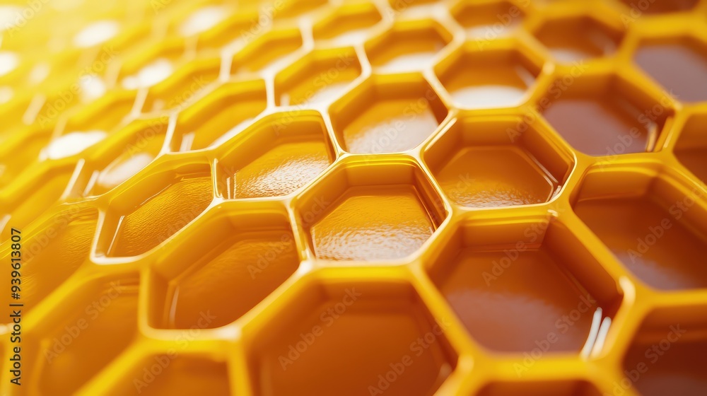 Detailed macro zoom of a 3D honeycomb structure with six-sided hexagonal cells, showcasing the precise geometric design. Detailed macro zoom of a 3D honeycomb structure with six-sided hexagonal cells, showcasing the precise geometric design.