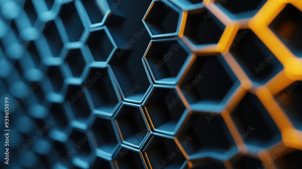 Detailed macro zoom of a 3D honeycomb structure with six-sided hexagonal cells, showcasing the precise geometric design. Detailed macro zoom of a 3D honeycomb structure with six-sided hexagonal cells, showcasing the precise geometric design.