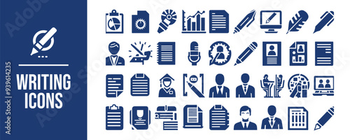 Writing icon set. write, pencil, note, edit, Containing pen, writer, document, text and more. Solid vector icons collection