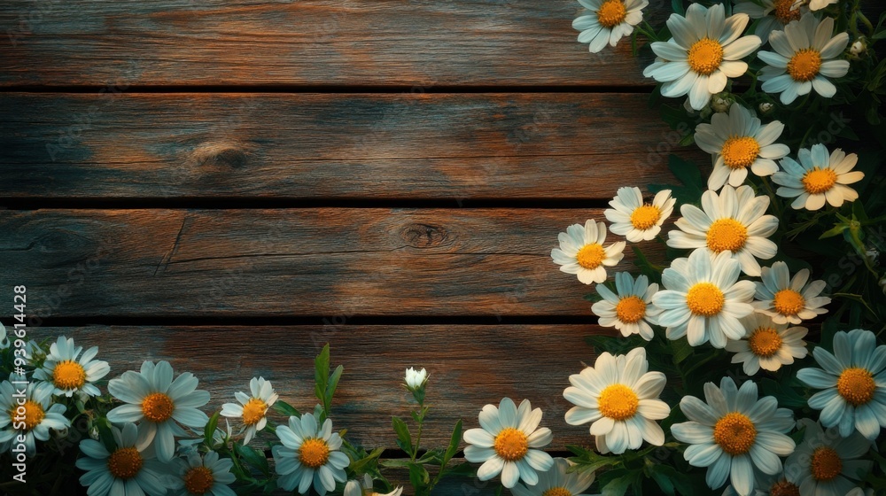 Fototapeta premium Professional photo of Spring summer flowers on wooden retro planks abstract floral background concept