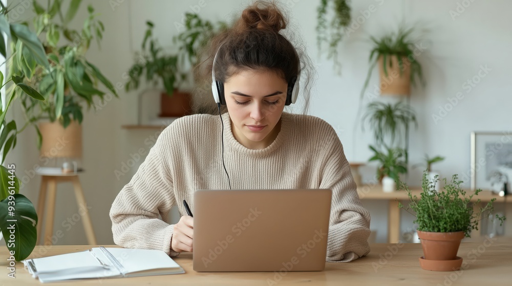 A serious young woman wearing headphones studies online at home, taking notes on a notepad while using a laptop, surrounded by plants in a cozy environment. A serious young woman wearing headphones studies online at home, taking notes on a notepad while using a laptop, surrounded by plants in a cozy environment.