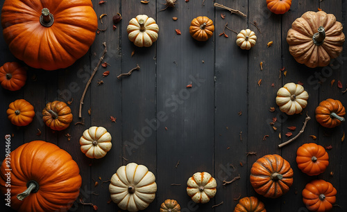 Halloween pumpkins flat lay with space for text. Orange and white pumpkins of different sizes on a black old wooden floor. Autumn Harvest Festival. Farmers products fair. photo